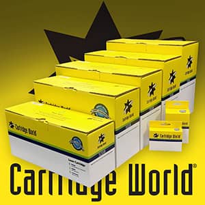 Cartridge World packages with the Cartridge World logo in the background