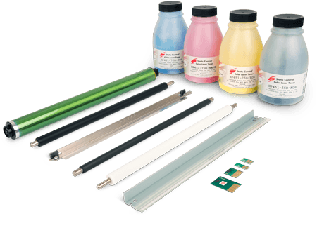 Static Control toner with components from a toner printer including microchips, rollers, a blade and more