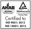 Logo depicting Certification by ANAB and TUV Rheinland to ISO 9001:2015 and ISO:14001:2015 standards