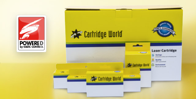 Cartridge World packages of printer components with the Static Control logo on the left