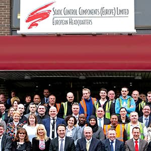 The Static Control United Kingdom employees standing in front of the new building