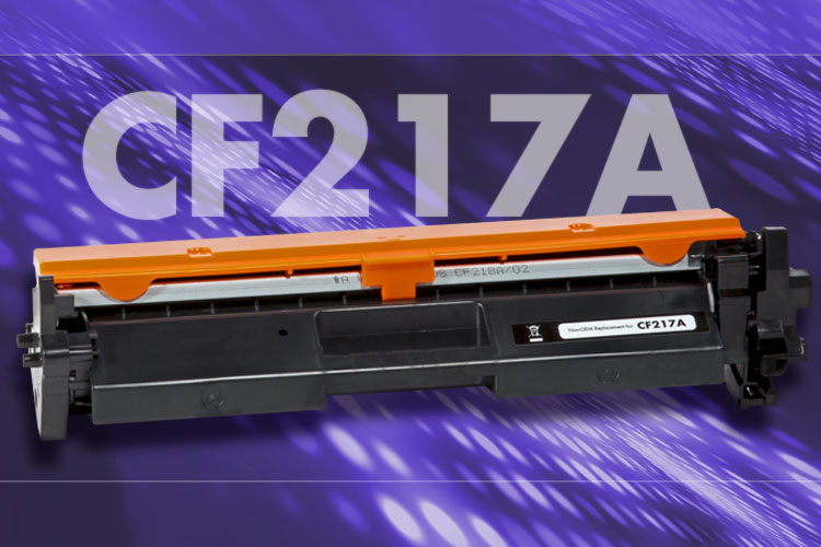 A Static Control non-oem replacement CF217A toner cartridge photo in front of a textured purple background with 