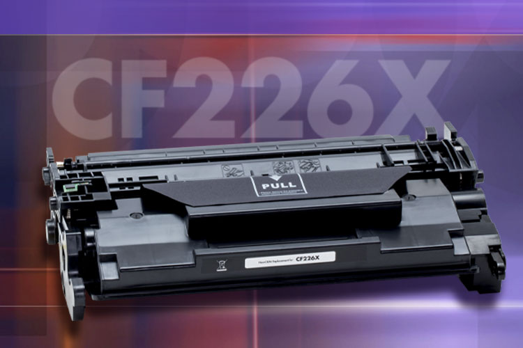 A Static Control non-oem replacement CF217A toner cartridge photo in front of a textured purple and orange background with 