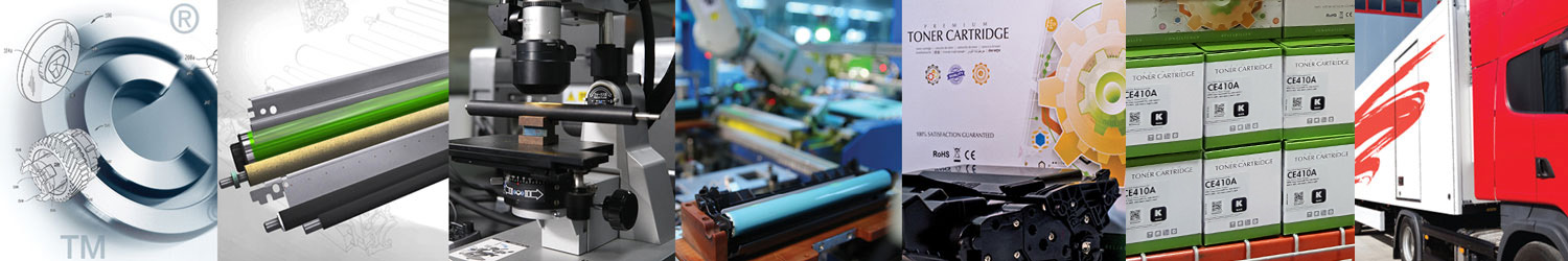 Seven photos appended together. These photos represent the entire process of taking a product from concept to sale. The first photo from the left is a large symbolic copyright symbol with engineering drawings above it. The second is a rendering of our components, the important constituent parts of a cartridge. The third image is a device that measures the strict tolerances of a roller inside a cartridge. The fourth a cartridge manufacturing machine. The fifth is a finished cartridge in front of a Static Control box. The sixth image shows many cartridge boxes ready to ship on a pallet. The seventh and final image shows a Static Control truck ready to ship products.