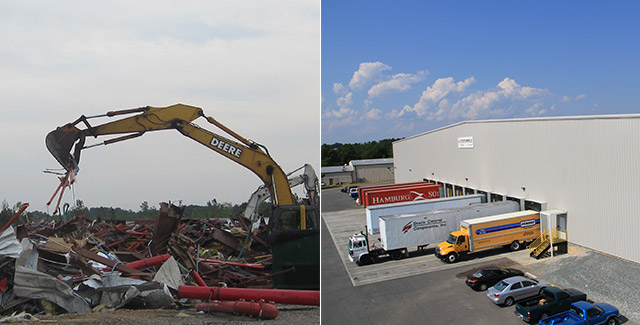 Two images. The one on the left is a piece of heavy machinery cleaning up rubble from the destroyed global distribution center after it was hit by a tornado. The one on the right is the new global distribution center