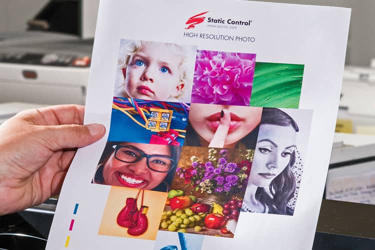 A sheet of paper with Static Control printed high resolution photos